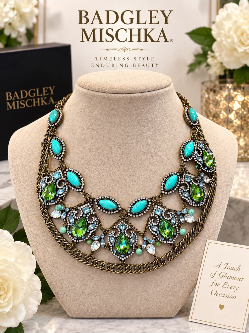 Badgley Mischka Turquoise & Lime Green Crystal Bib Necklace
